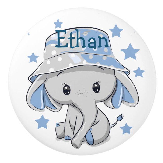 Bouton De Porte En Céramique Bébé mignon éléphant garçon (Devant)