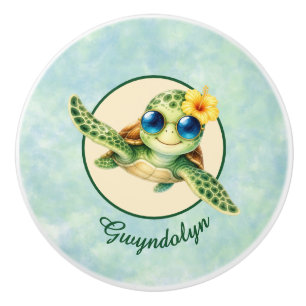 Bouton De Porte En Céramique Bébés tortues de mer mignons avec fleurs tropicale