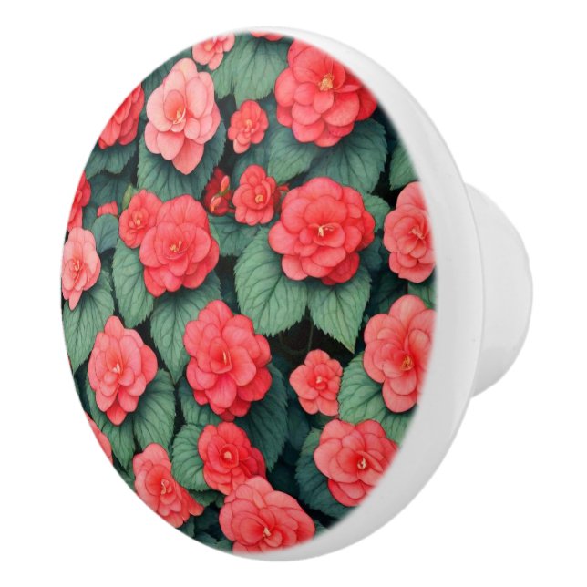Bouton De Porte En Céramique Bégonia fleurs roses (Droite)