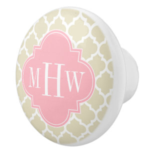 Bouton De Porte En Céramique Beige, Blanc Marocain #5 Rose 3 Monogramme Initial