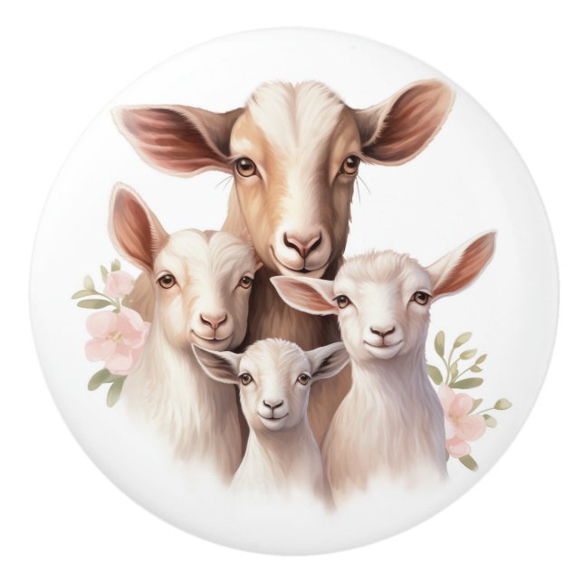 Bouton De Porte En Céramique Belle famille de chèvres (Devant)