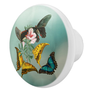 Bouton De Porte En Céramique Belle fleur vintage et papillons vert