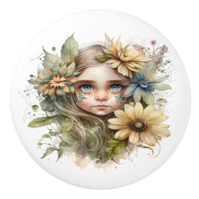 Bouton De Porte En Céramique Belle Imaginaire Floral Fées Series (Devant)