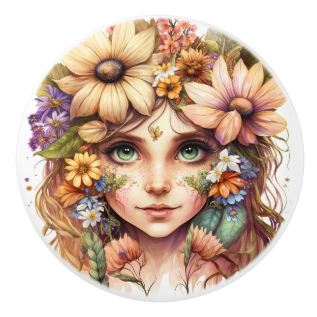 Bouton De Porte En Céramique Belle Imaginaire Floral Fées Series (Devant)