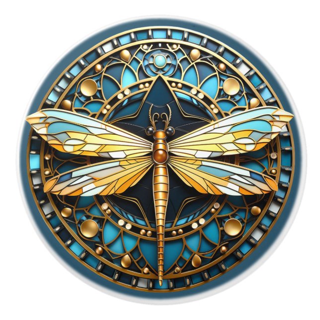 Bouton De Porte En Céramique Belle libellule Art Déco Gold Turquoise (Devant)