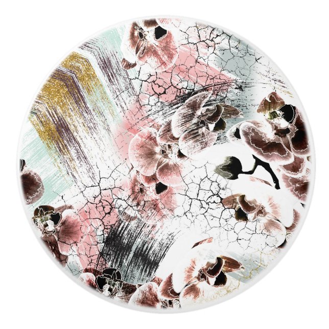 Bouton De Porte En Céramique Belle orchidée stylisée (Devant)