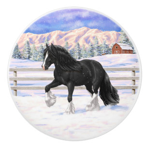 Bouton De Porte En Céramique Black Gypsy Vanner Irlandais Cob Brouillon Cheval 