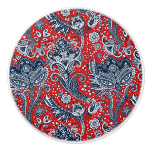 Bouton De Porte En Céramique Blanc rouge et bleu Floral Paisley Bohemian Boho