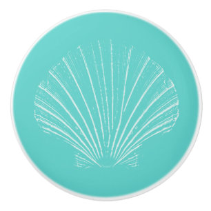 Bouton De Porte En Céramique Bleu d'Aqua avec la mer blanche Shell