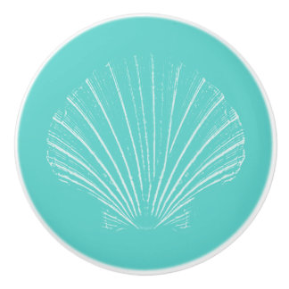 Bouton De Porte En Céramique Bleu d'Aqua avec la mer blanche Shell