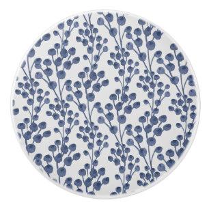 Bouton De Porte En Céramique Bleu Marine Botanique