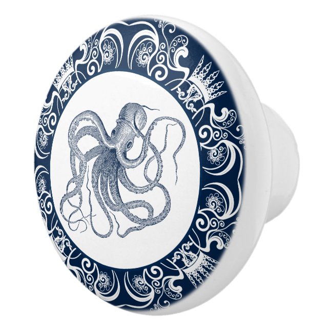 Bouton De Porte En Céramique Bleu octopus cadre blanc (Droite)