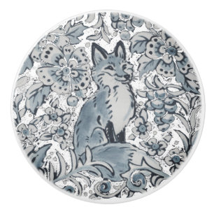 Bouton De Porte En Céramique Blue Fox Floral Woodland Art unique Delft droit 