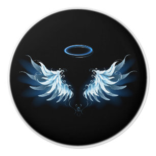Bouton De Porte En Céramique Blue Glowing Angel Wings on black background