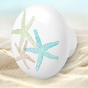 Bouton De Porte En Céramique Blue Green Beach Seashell Starfish Design