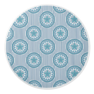Bouton De Porte En Céramique Blue mandala pattern on striped background