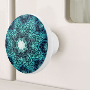Bouton De Porte En Céramique Bohème Mandala motif floral Turquoise Turquoise