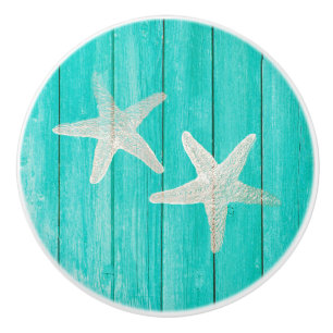 Bouton De Porte En Céramique Bois sarcelle et étoile de mer Élégant chic tropic
