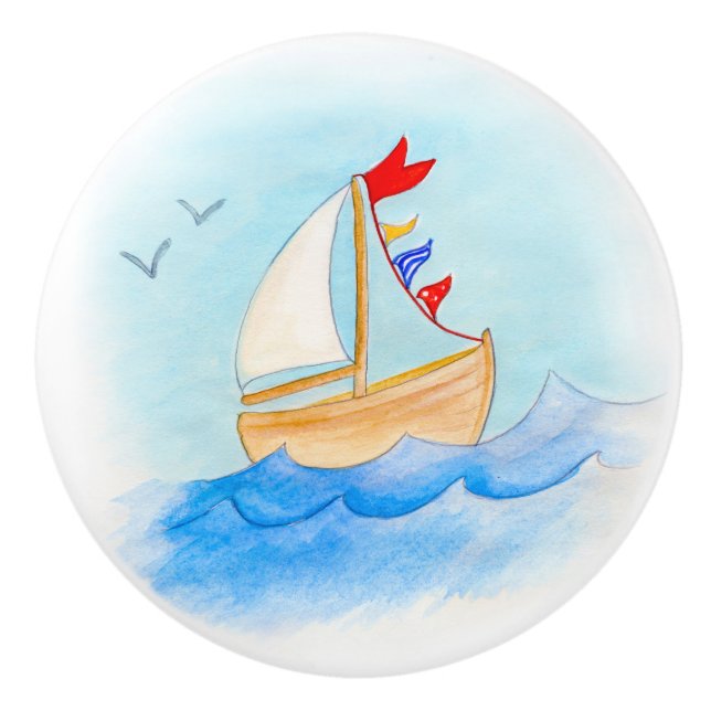 Bouton De Porte En Céramique Bonnet de voilier aquarelle (Devant)