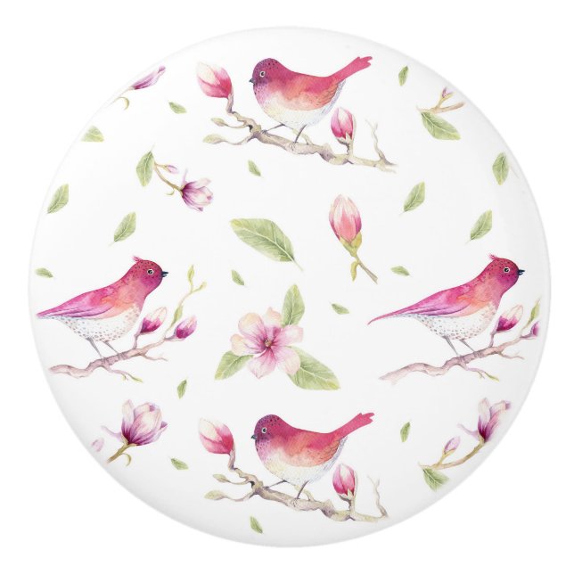 Bouton De Porte En Céramique Boues Et Oiseaux Fleurs (Devant)