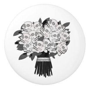Bouton De Porte En Céramique Bouquet de Roses de Crâne Noir & Blanc