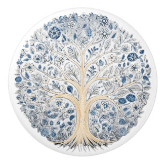 Bouton De Porte En Céramique Bouton de céramique bleu et blanc avec arbre