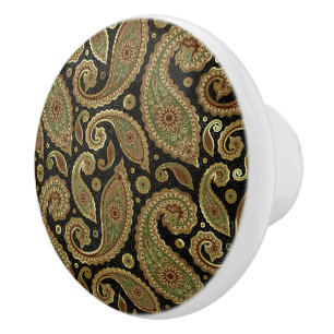 Bouton De Porte En Céramique Brown Or Et Vert Pastel Tons Vintage Paisley