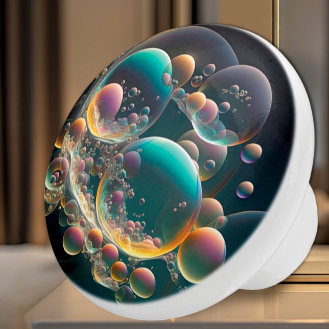 Bouton De Porte En Céramique Bulles flottantes Ceramic Knob (Ceramic Knob for Bathroom - Iridescent Teal, Pink, Yellow, Purple and Black Bubbles)
