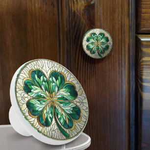Bouton De Porte En Céramique Cabot à quatre feuilles - marbre vert et or