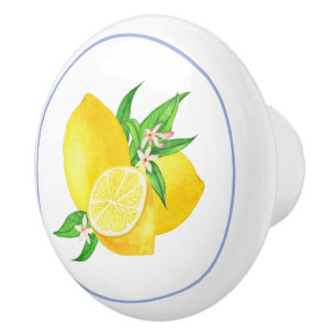 Bouton De Porte En Céramique Cadre bleu méditerranéen et aquarelle citrons