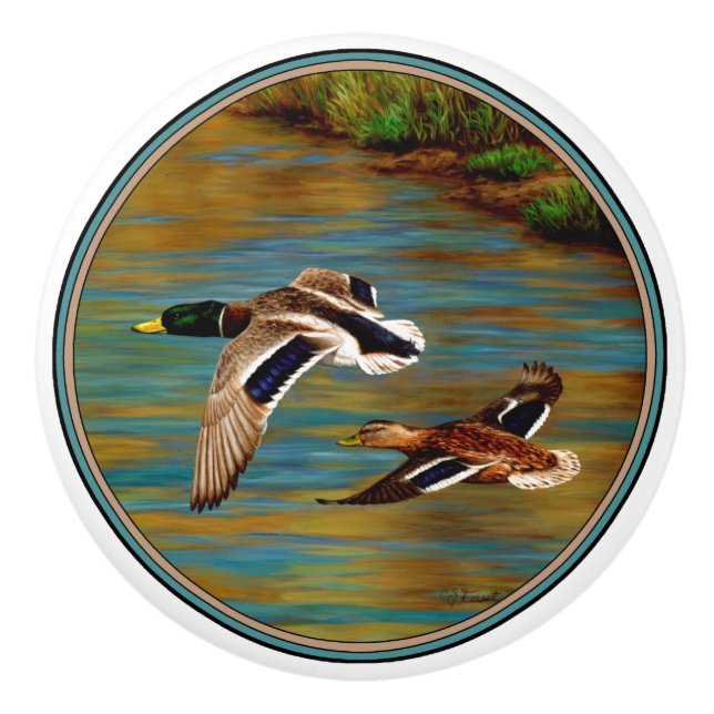 Bouton De Porte En Céramique Canards-Majards Survolant L'Étang (Devant)