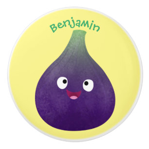 Bouton De Porte En Céramique Caricature de fruits mauve joyeux aux figues