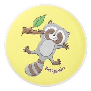Bouton De Porte En Céramique Caricature pour bébé au raton laveur joyeux