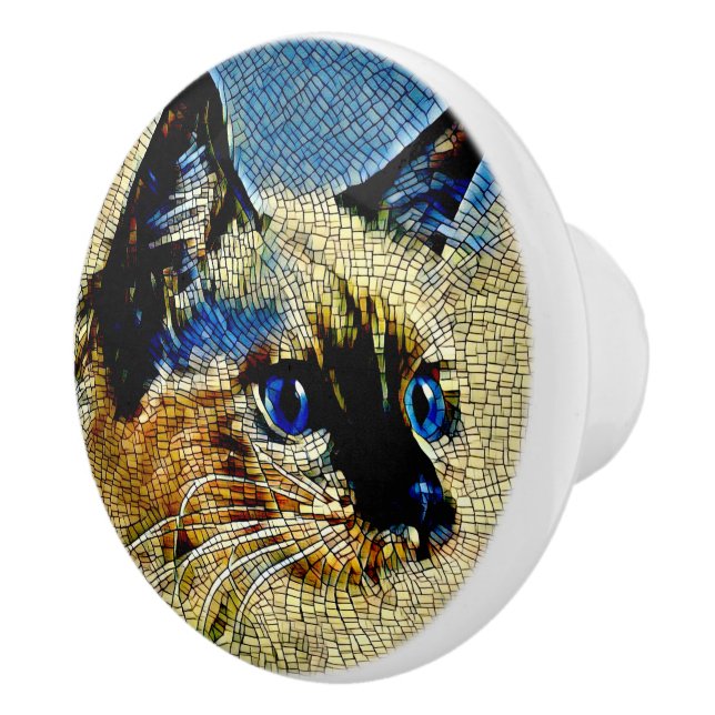 Bouton De Porte En Céramique Carreaux de mosaïque de chats siamois bleu (Droite)