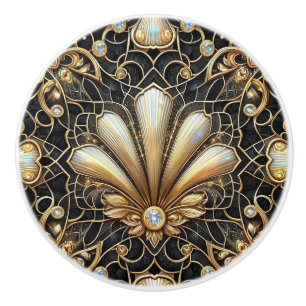 Bouton De Porte En Céramique Céramique Luxe Art Déco Noir et Or Faux Diamant