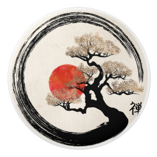 Bouton De Porte En Céramique Cercle d'Enso et arbre de bonsaïs sur la toile