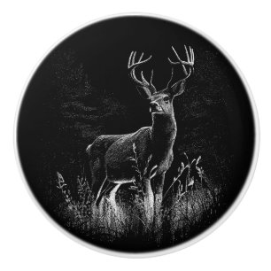 Bouton De Porte En Céramique Cerf aux bois encadrés par champ et arbre