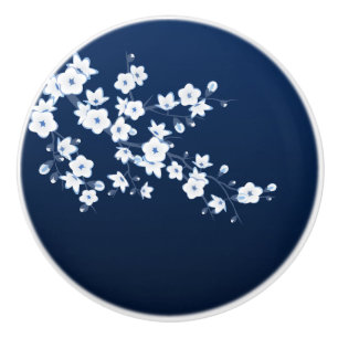 Bouton De Porte En Céramique Cerise Fleur Bleu Blanc