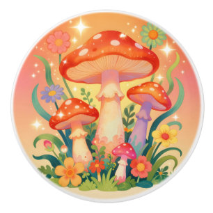 Bouton De Porte En Céramique Champignons et Fleurs Cottage Core Fantaisistes