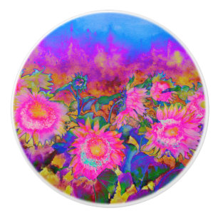 Bouton De Porte En Céramique Champs de tournesol rose