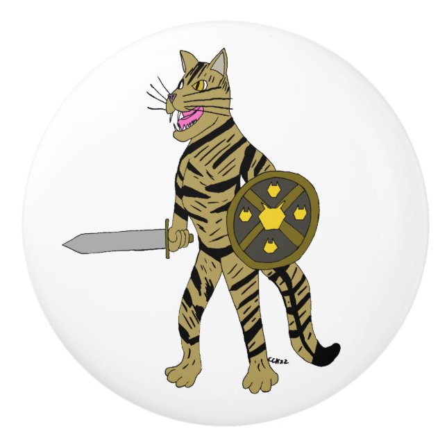 Bouton De Porte En Céramique Chat guerrier (Devant)
