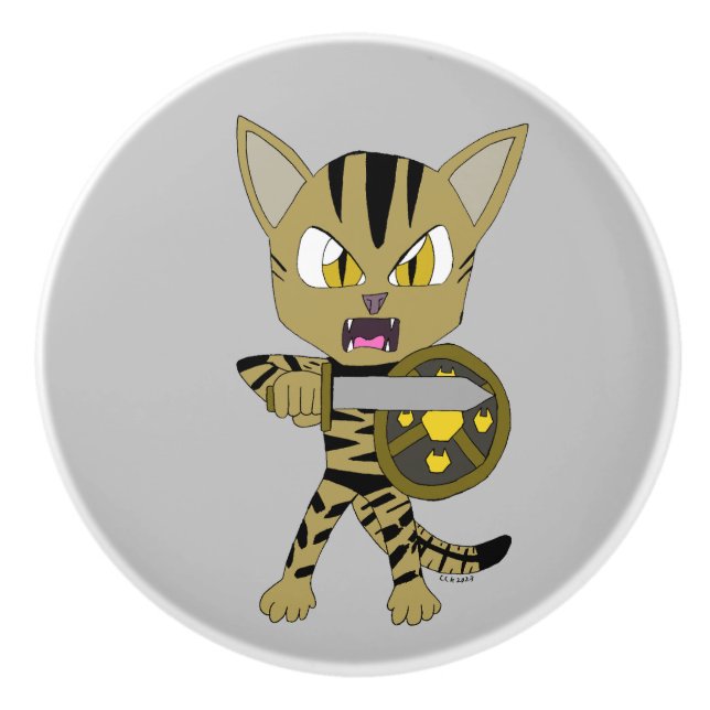 Bouton De Porte En Céramique Chat guerrier Chibi (Devant)