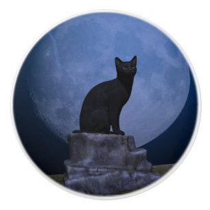 Bouton De Porte En Céramique Chat Lune