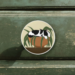 Bouton De Porte En Céramique Chat noir blanc Plante drôle