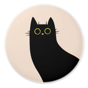 Bouton De Porte En Céramique Chat noir mignon dans le style Mid Century