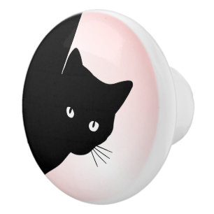Bouton De Porte En Céramique Chat Noir Rusé Rose