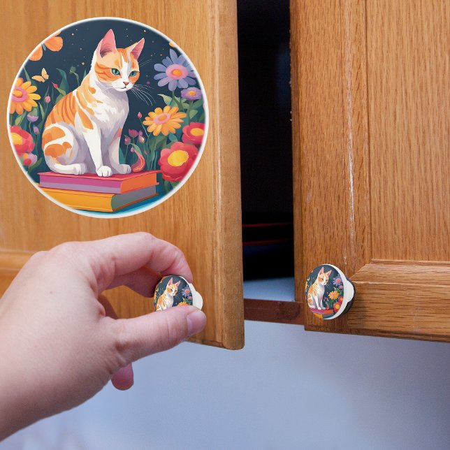 Bouton De Porte En Céramique Chat sur livres (Créateur téléchargé)