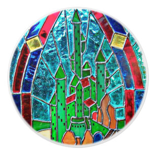 Bouton De Porte En Céramique Château vert de Stainglass de magicien d'Oz
