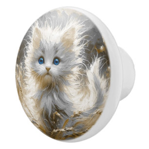Bouton De Porte En Céramique Chaton blanc précieux