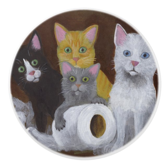 Bouton De Porte En Céramique Chatons Joueurs (Devant)